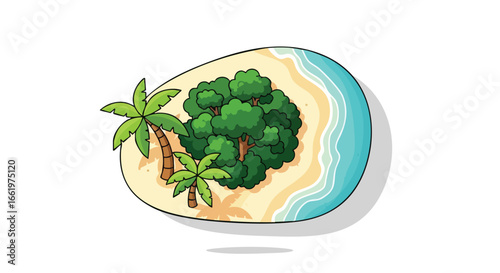 Stylized depiction of an isolated tropical island featuring palm trees, lush vegetation and white sand beach for travel related content