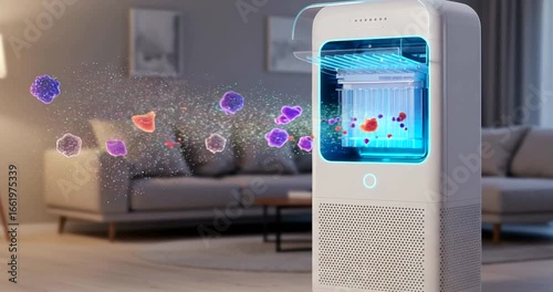 Modern air purifier filtering particles in stylish room
