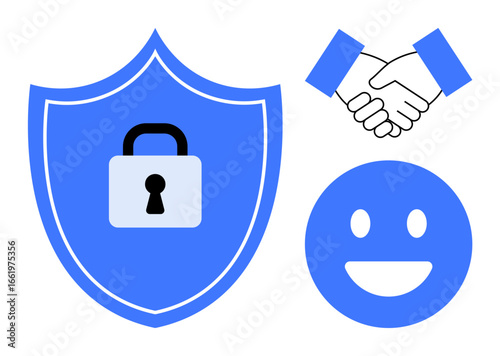 Shield with lock symbol, handshake, and happy representing security, trust, privacy, collaboration, positive relationships, optimism and safe communication. Ideal for digital platforms privacy