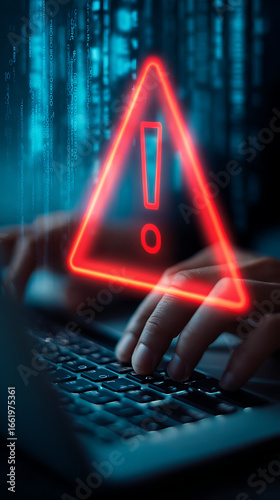 Hacker Typing on Laptop with Red Exclamation Mark Warning Symbol and Digital Code Background computer