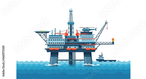 Stylized offshore oil platform illustration showcasing maritime engineering and energy extraction in vibrant blue tones isolated on a white background