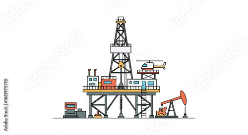 Stylized oil rig illustration showcasing offshore platform with helicopter and pumpjack, clean energy exploration and extraction, vector design