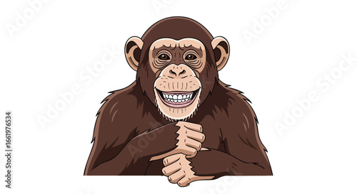 A cheerful chimpanzee smiles widely with folded hands isolated on a plain background representing primate joy and positive cartoon illustration