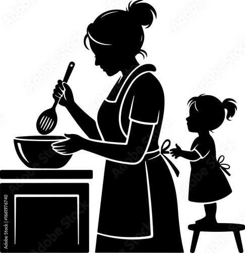 A loving silhouette of a grandmother holding a large spoon, stirring a bowl or pot on a kitchen counter or stove