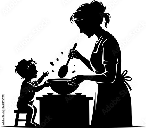 A loving silhouette of a grandmother holding a large spoon, stirring a bowl or pot on a kitchen counter or stove