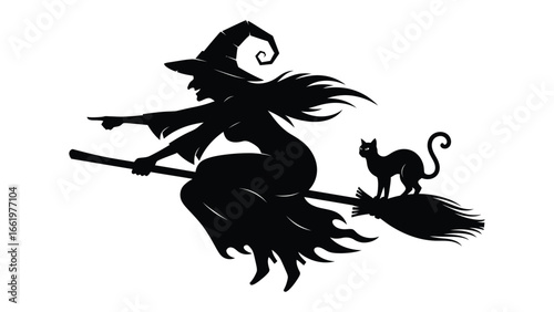 Spooky Silhouette: A captivating illustration of a witch flying on a broomstick with her loyal feline companion. The dynamic composition evokes a sense of mystery and the magic of Halloween.