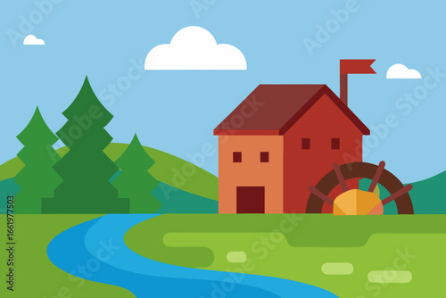 Charming flat design illustration of a rustic watermill beside a winding blue river surrounded by green hills and trees under a clear blue sky with fluffy white clouds
