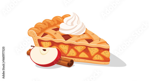 Festive delight: A tantalizing apple pie slice adorned with creamy topping and cinnamon stick embellishment for seasonal indulgence