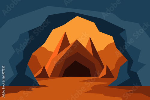 Stylized flat illustration of a dark cave entrance with jagged rock formations and a warm orange sunset sky in the background