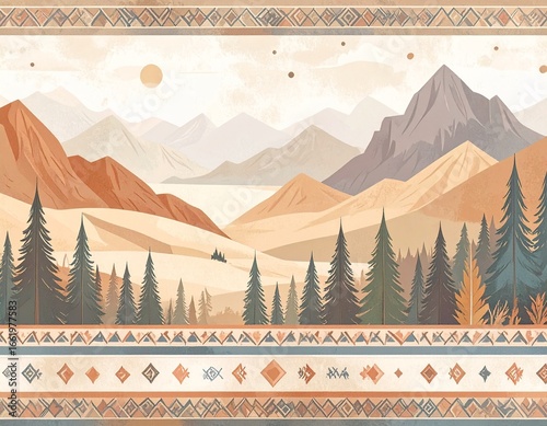 Seamless Native American tribal inspired pattern, geometric symbols, earthy colors modernized, vector repeating background