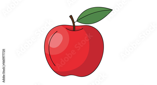 Illustration of a vibrant red apple with a green leaf, showcasing freshness and simplicity, against a clean white background