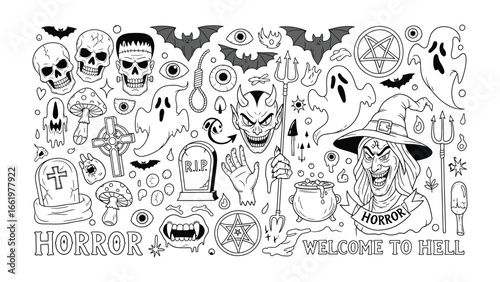 Horror Elements Illustration: An illustrative composition unveils a collection of classic horror elements, creating a chilling yet artistic showcase of iconic symbols and eerie figures. 
