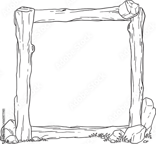 A hand-drawn vector illustration of a rustic wooden frame made from logs and branches, with stones and grass at the base. This nature-themed design is perfect for adding a touch of adventure.
