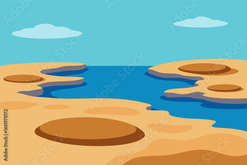 Stylized abstract landscape featuring a calm blue ocean inlet surrounded by sandy terrain with circular indentations and fluffy clouds in a clear sky