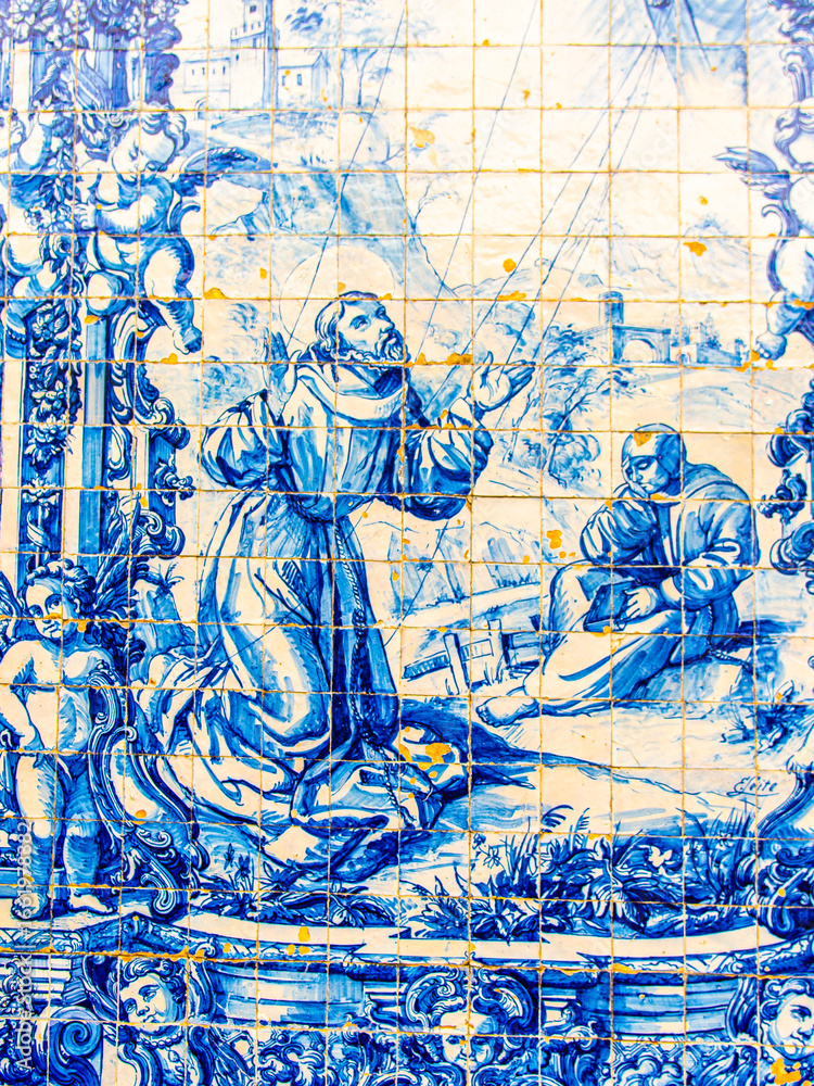 Obraz premium Porto, Portugal - July 9 2025: The ceramic Tile decoration on the facade of Igreja do Carmo in Porto Portugal