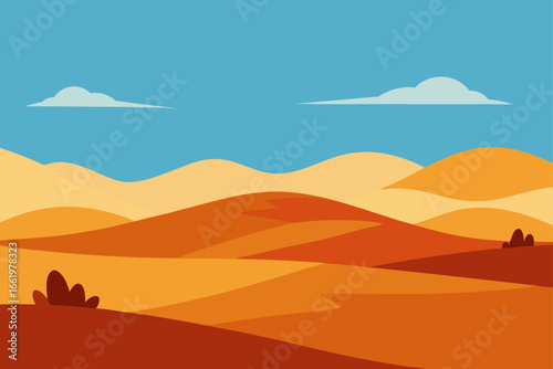 Stylized desert landscape with rolling sand dunes and sparse vegetation under a clear blue sky with wispy clouds