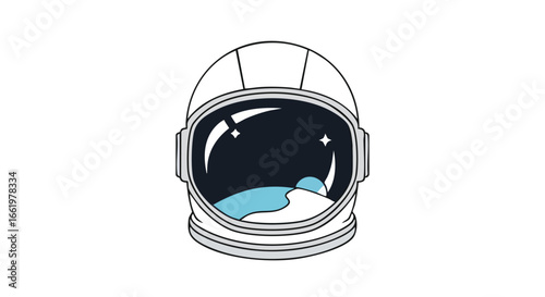 Minimalist spaceman helmet graphic with lunar surface reflection and bright star glow