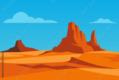 Stylized flat illustration of iconic sandstone mesas and buttes under a clear blue sky with scattered clouds