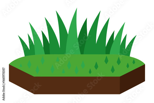 Stylized cartoon illustration of a patch of green grass growing from a brown soil block isolated on white