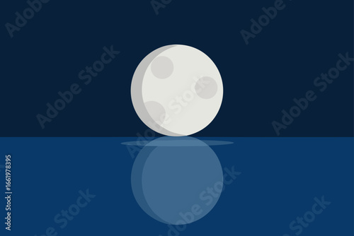 Stylized full moon with craters reflected on a calm dark blue water surface at night