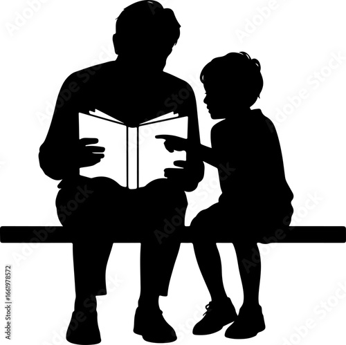 A nostalgic silhouette of a grandparent and grandchild sitting closely on a bench or low wall, looking at a photo album together