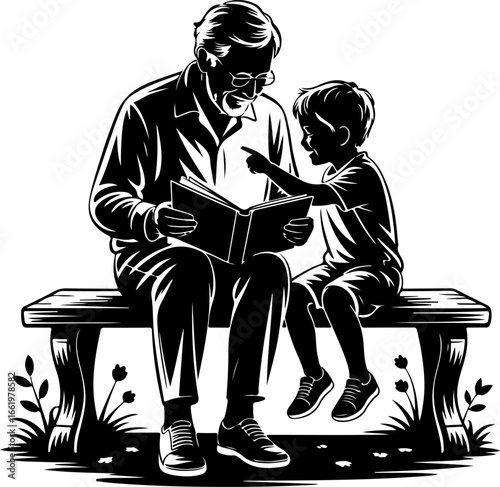 A nostalgic silhouette of a grandparent and grandchild sitting closely on a bench or low wall, looking at a photo album together