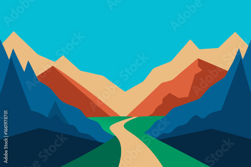 Stylized geometric mountain landscape with a winding path leading through a green valley under a clear blue sky