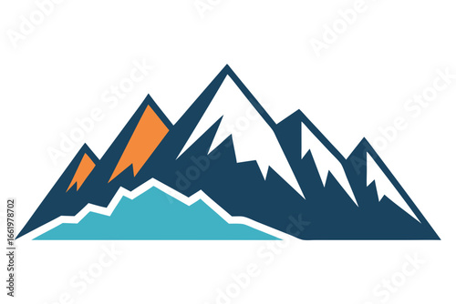 Stylized mountain range with sharp peaks in dark blue white orange and turquoise colors against a white background