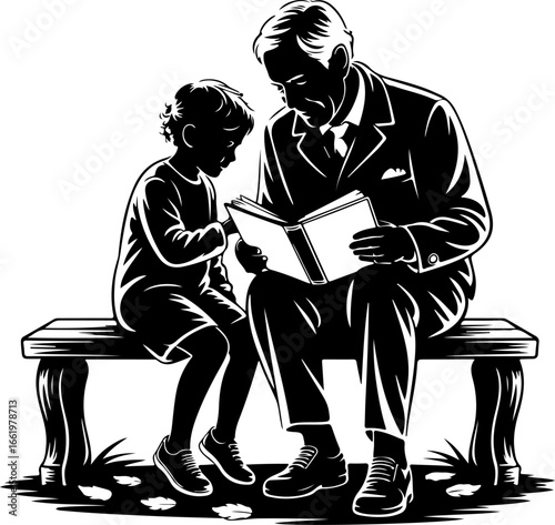 A nostalgic silhouette of a grandparent and grandchild sitting closely on a bench or low wall, looking at a photo album together