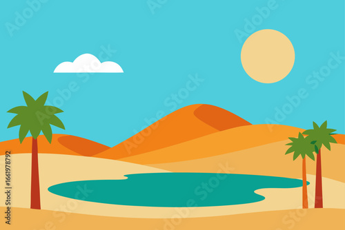 Vibrant desert oasis scene with sand dunes palm trees a calm turquoise water pool and a bright sun under a clear blue sky with a single white cloud