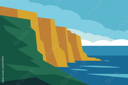 Stylized illustration of dramatic green and orange cliffs meeting the blue ocean under a cloudy sky