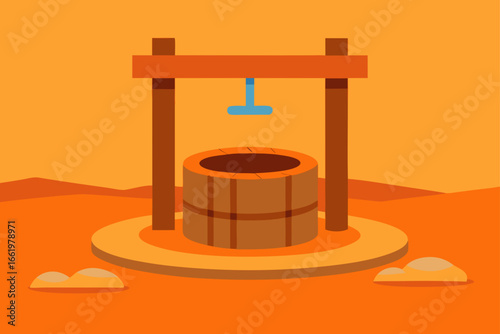 A rustic wooden water well with a blue bucket sits in a dry desert landscape under a warm orange sky
