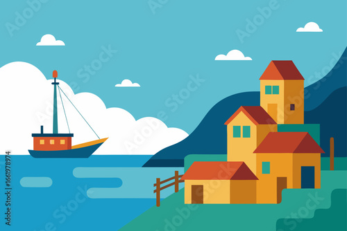 Stylized flat illustration of a fishing boat sailing near a coastal village with colorful houses on a hillside