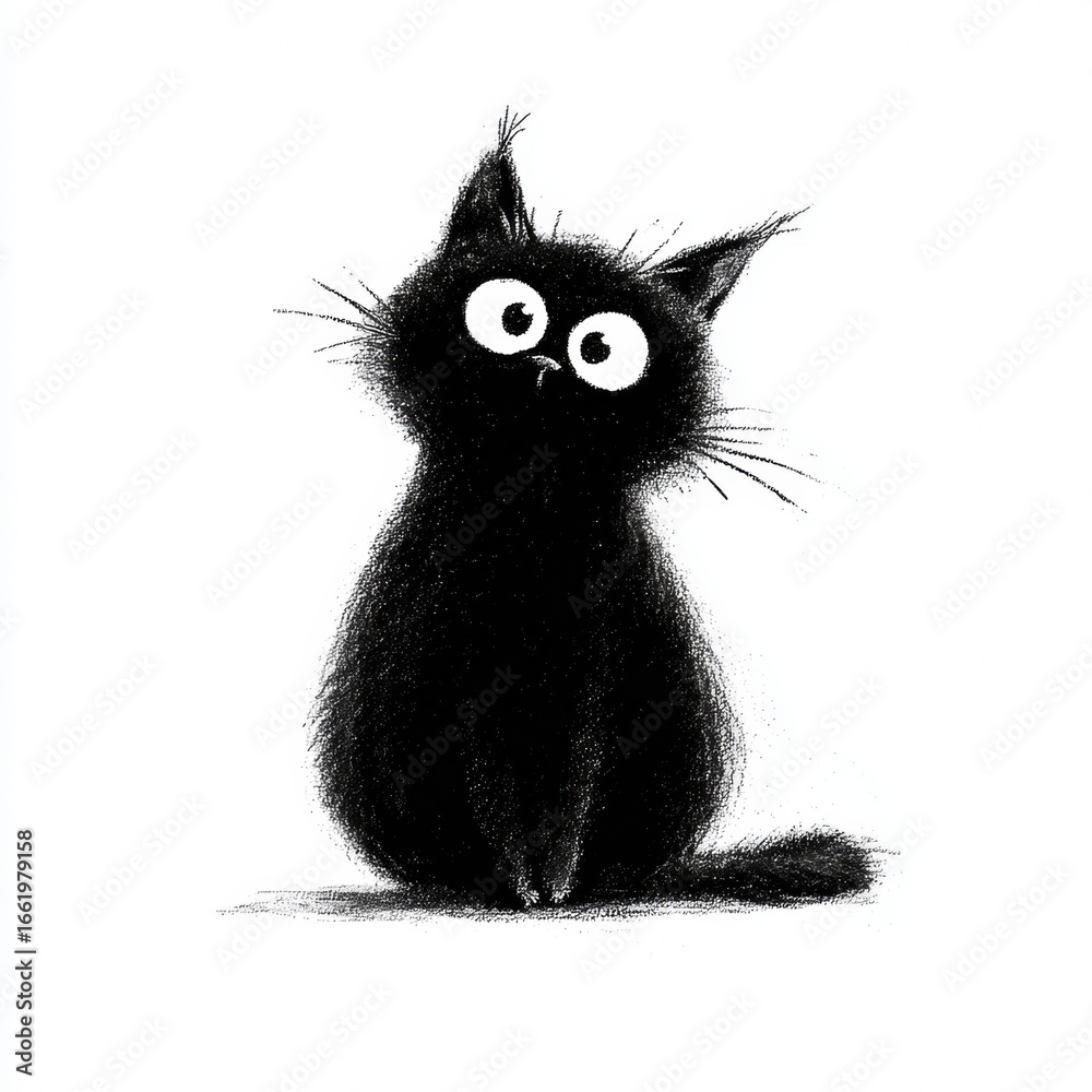 Fototapeta premium Cute black sketch cat with big eyes on white background
