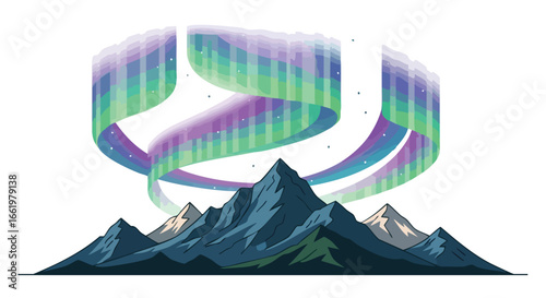 Serene mountain vista under a vibrant aurora borealis display illuminating the night sky with swirling bands of color adding magic and wonder