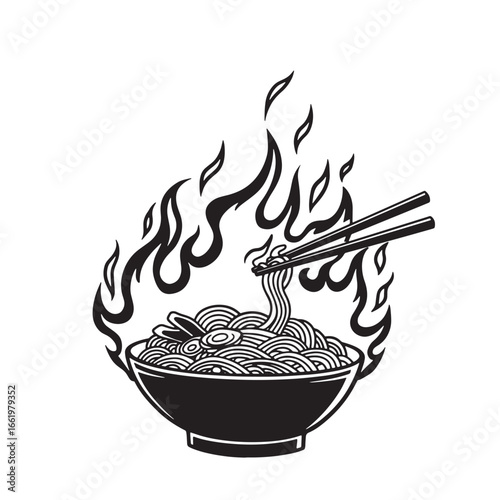 Black and white illustration of ramen noodles bowl with chopsticks and flames