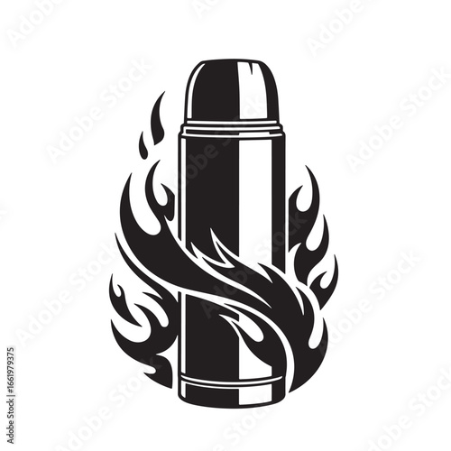 Black and white vector illustration of a thermos surrounded by abstract flames
