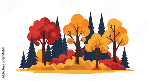 Stylized autumnal woodland scene with diverse trees and foliage in warm hues, ideal for seasonal designs and presentations offering a serene visual