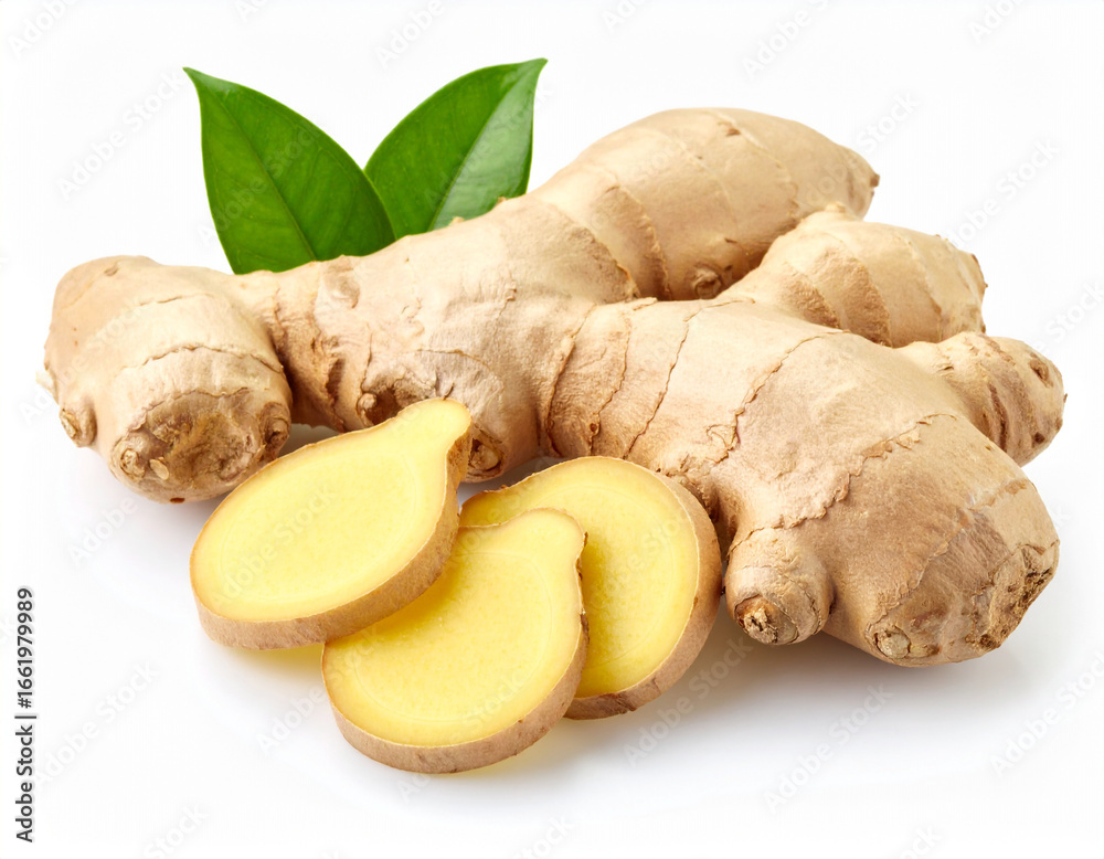 Fototapeta premium piece of fresh ginger root with textured beige skin and two vibrant green leaves is accompanied by several smooth, pale yellow slices of ginger, all arranged on a clean white background with soft shad