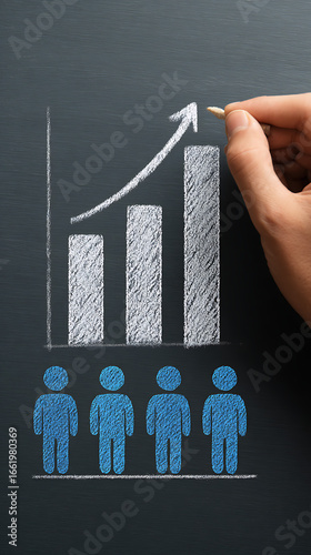 Hand drawing an upward trending bar graph with an arrow above four blue stick figures on a dark chalkboard