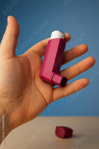Hand holding an asthma inhaler bottle