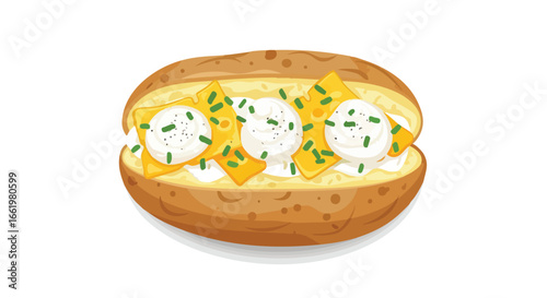 Delicious loaded baked potato with sour cream and cheese illustration, appetizing comfort food with creamy and cheesy toppings for menus or cooking