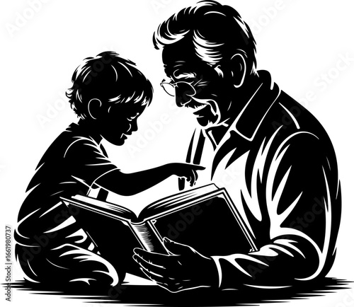 A nostalgic silhouette of a grandparent and grandchild sitting side by side, looking at an open old photo album resting on their laps