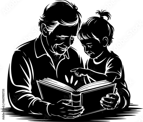 A nostalgic silhouette of a grandparent and grandchild sitting side by side, looking at an open old photo album resting on their laps