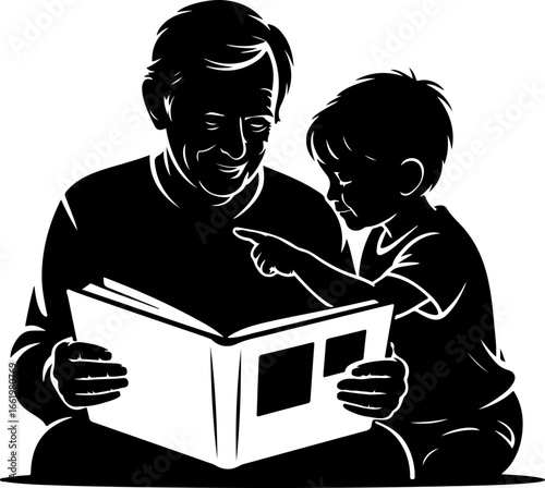 A nostalgic silhouette of a grandparent and grandchild sitting side by side, looking at an open old photo album resting on their laps