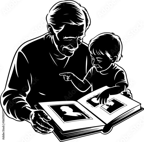 A nostalgic silhouette of a grandparent and grandchild sitting side by side, looking at an open old photo album resting on their laps