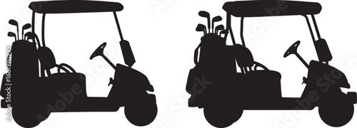Two golf carts with clubs in bags silhouette isolated on white background