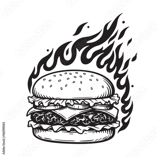 Delicious burning burger vector illustration representing fast food and culinary excitement