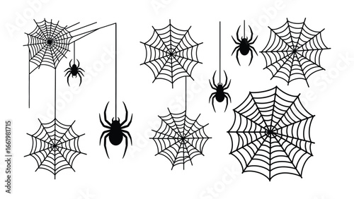 Spider and Cobweb Collection: a collection of spiders and their webs in a simple, flat style. suitable for Halloween and decoration usage
