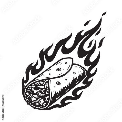 Fiery cartoon burrito with flames illustration in black and white design for food concepts